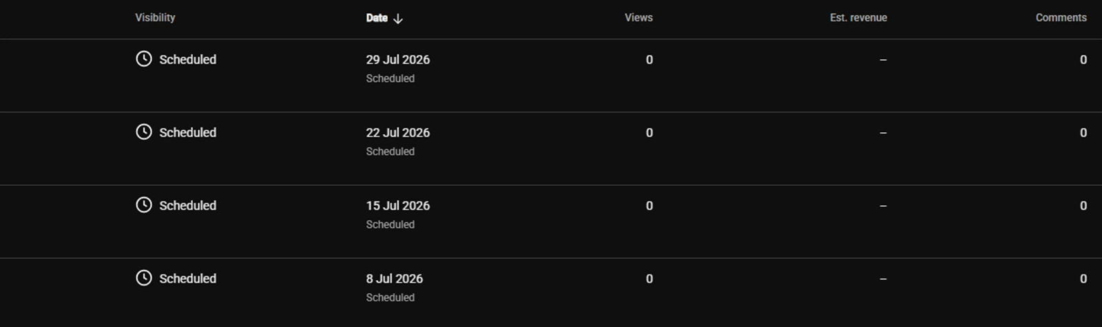 Content calendar showing a buffer of pre-recorded videos scheduled over multiple weeks ahead