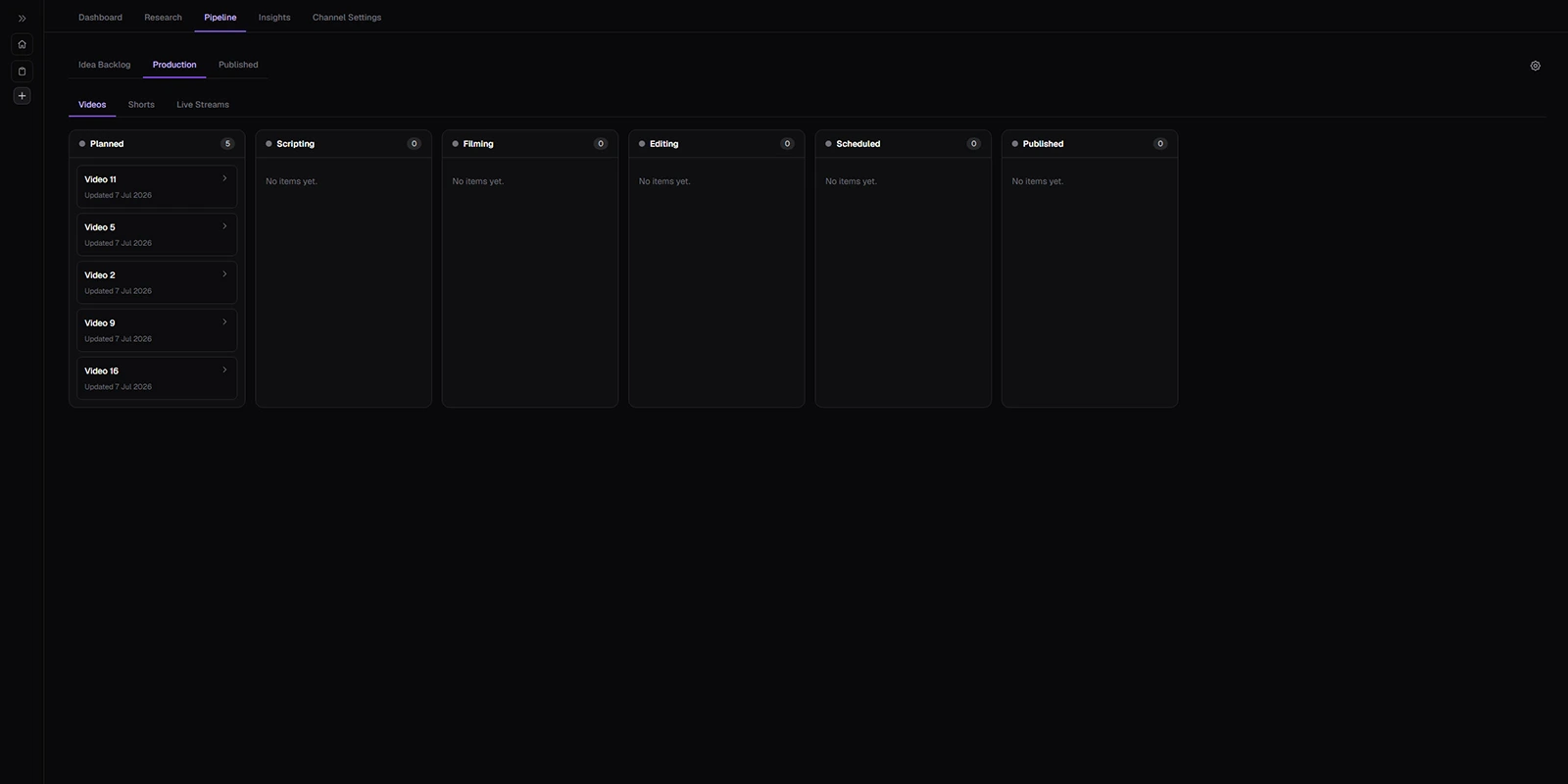 Crescivo production pipeline showing multiple videos at different stages of completion