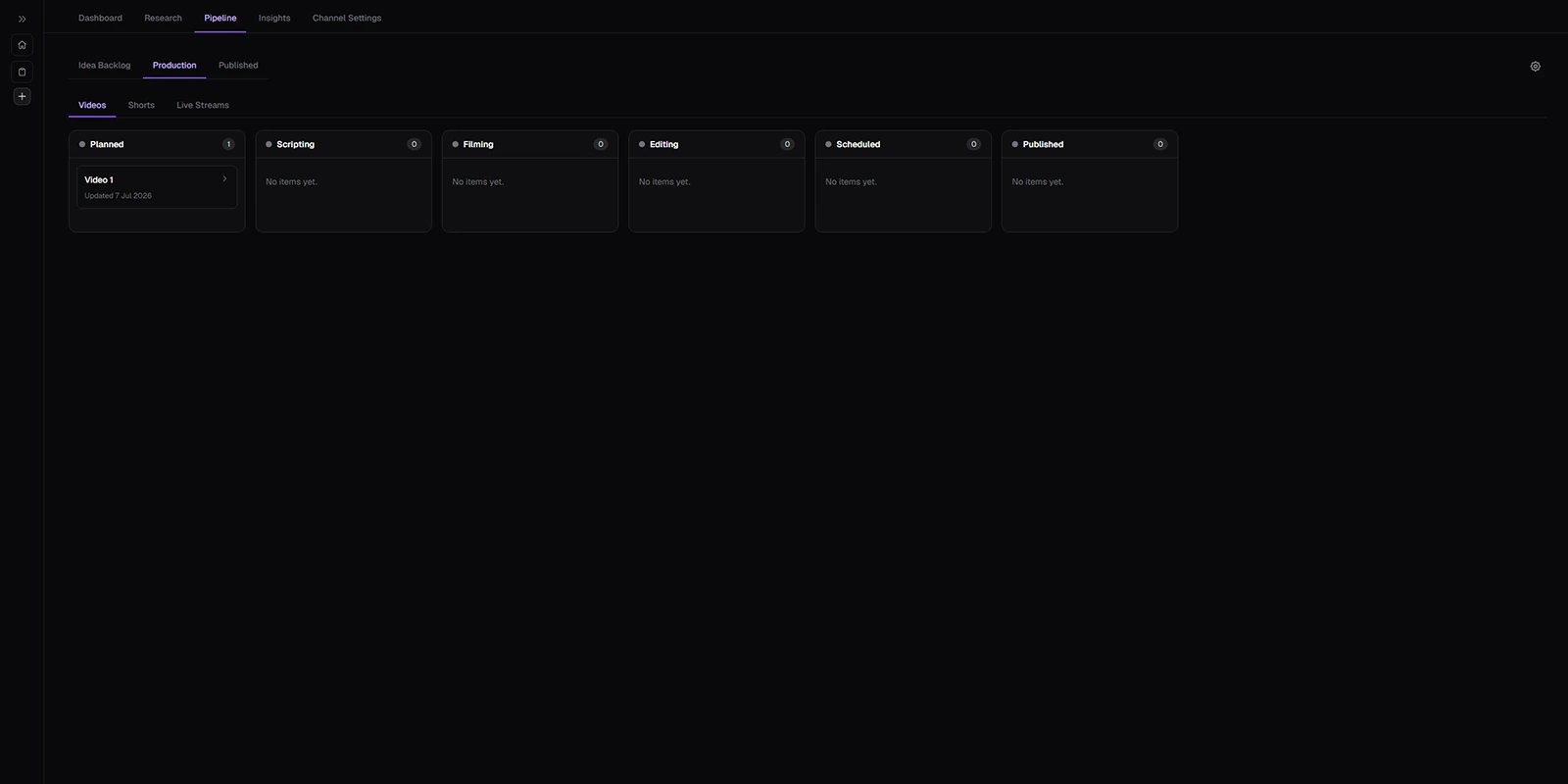 YouTube video production pipeline showing stages batched across multiple videos rather than one video at a time