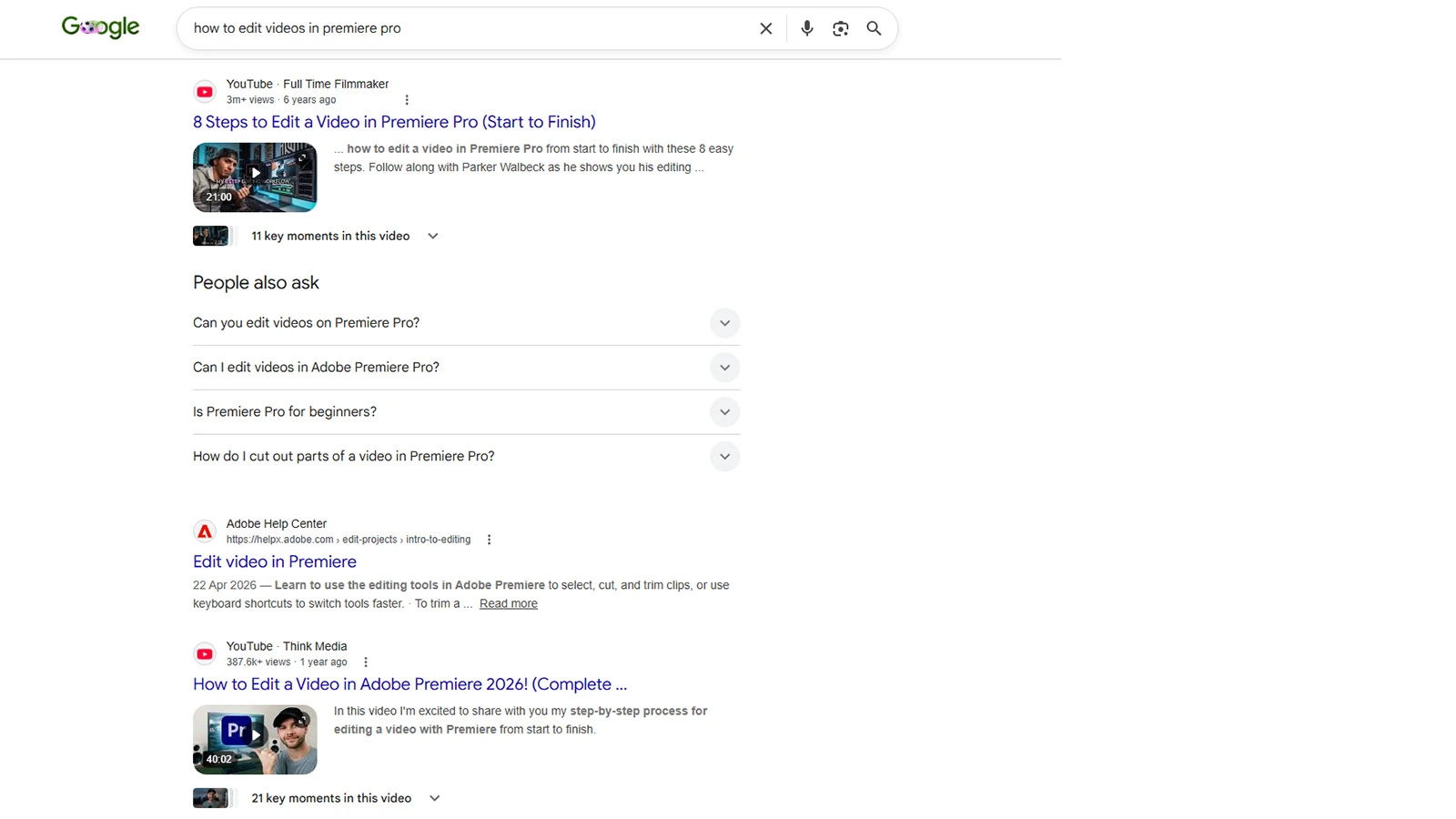 Google search results showing YouTube videos appearing alongside standard web pages