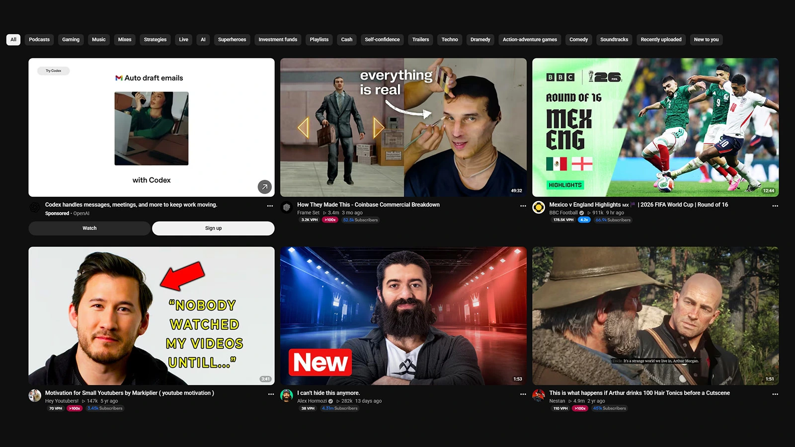 YouTube homepage showing recommended videos from channels the viewer does not currently follow