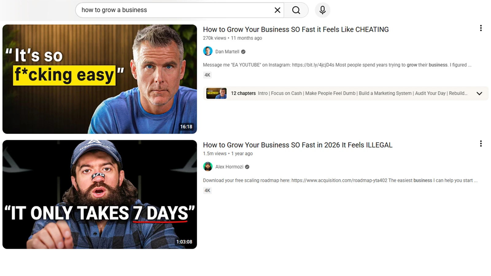YouTube search results page showing video thumbnails and titles for a searched keyword