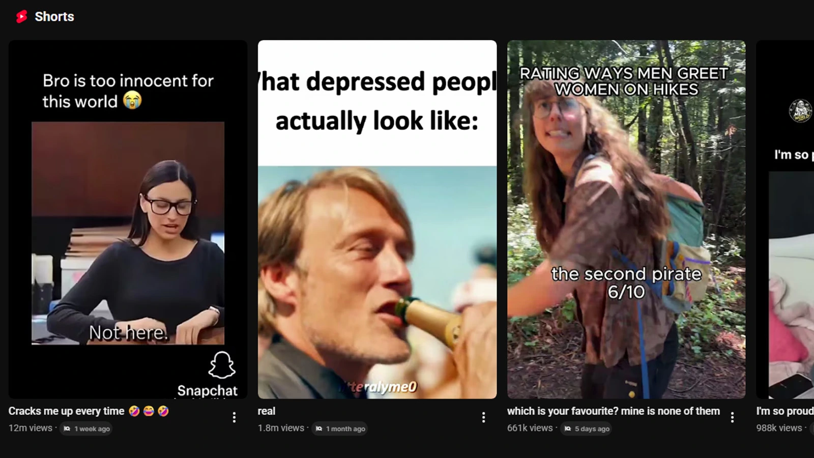 YouTube Shorts feed showing vertically scrollable short-form video recommendations