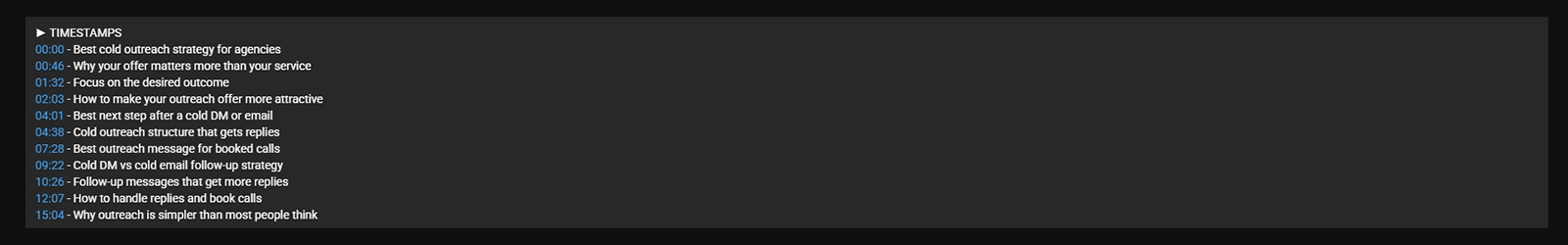 YouTube video description showing timestamped chapters with keyword-rich titles visible in the chapter list